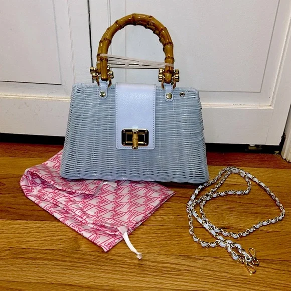 💙 LILLY PULITZER 💙 NWT Leena Top Handle Wicker Bag Bluette with Bamboo Handle - Picture 7 of 9